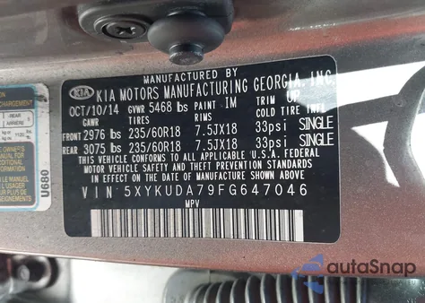 2015 Kia Sorento Ex V6 z USA, uszkodzony, nr VIN 5XYKUDA79FG647046